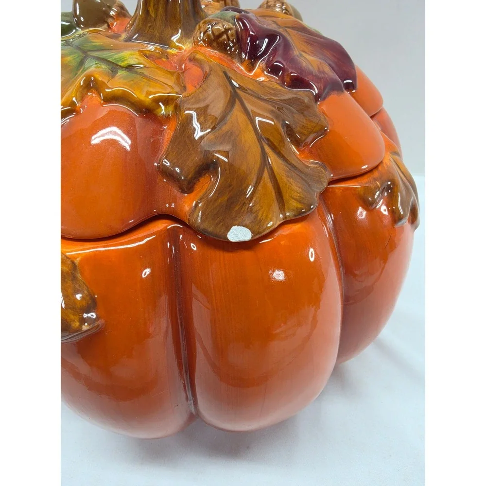 Ceramic Pumpkin Cookie Jar Fall Harvest Orange Glazed Lidded Canister Acorn Leaf